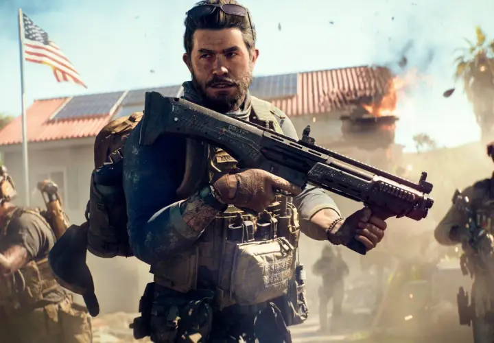 Soldaten im Gefecht, ein Haus brennt, die US-Flagge weht. Neue Battlefield 6 News versprechen intensive Action.