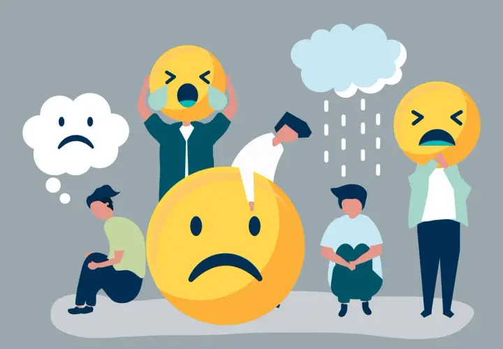 Ludzie z wielkimi, smutnymi emotikonami symbolizują trudności w kontroli emocji. Deszcz i chmury podkreślają przygnębienie.