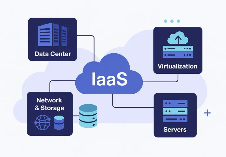 Diagramme illustrant l'IaaS : centre de données, réseau, stockage, virtualisation et serveurs. Un serveur internet est au cœur de ce système.