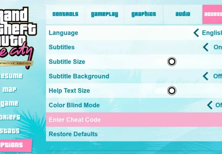 Menu opcji GTA Vice City. Wpisz kody do GTA Vice City, aby odblokować nowe możliwości.