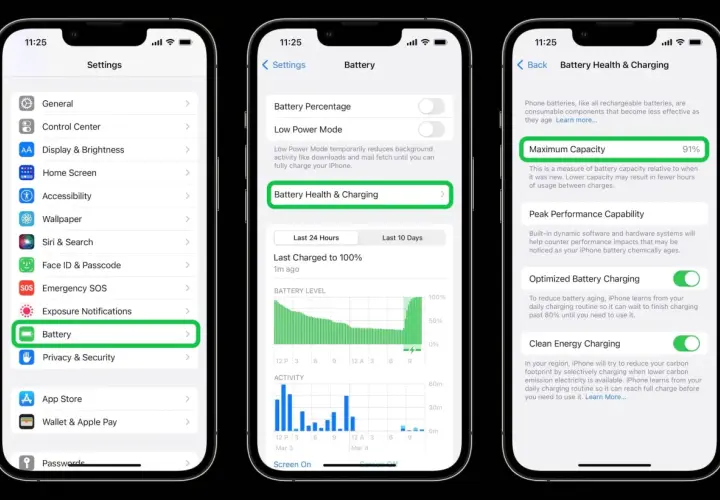 Jak sprawdzić kondycję baterii Realme? Na ekranie iPhone'a widać opcję "Battery Health & Charging" z 91% maksymalnej pojemności.