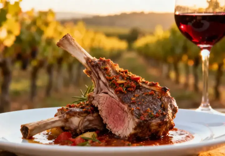 Un délicieux carré d'agneau rôti, servi avec une sauce savoureuse et un verre de vin rouge, le tout dans un vignoble baigné de soleil.