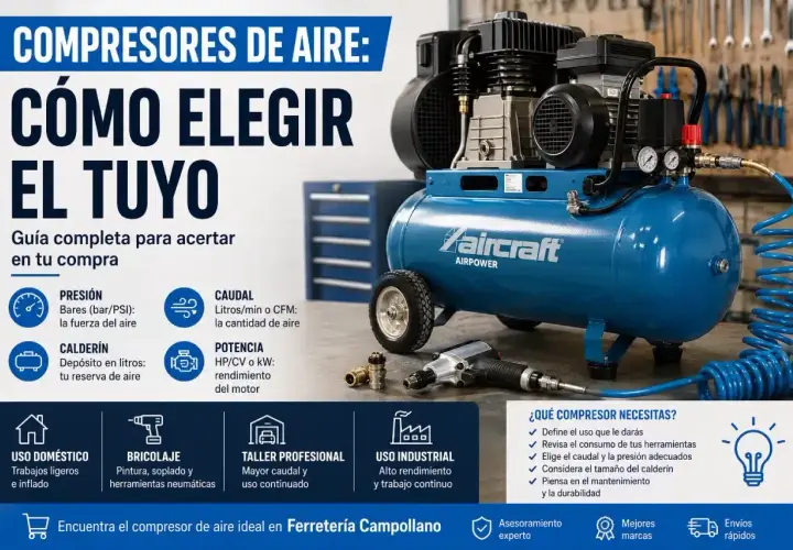 Guía para elegir tu compresor de aire: conoce la presión, caudal, potencia y calderín. Aprende cómo funciona un compresor de aire para uso doméstico, bricolaje o profesional.