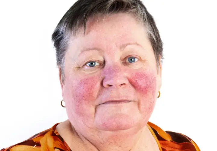 Kvinna med rodnad i ansiktet, troligen rosacea. Hennes hals är också påverkad.