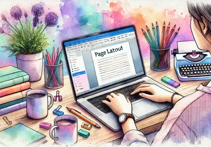 Kobieta pisze na laptopie, na ekranie widoczny tytuł "Page Latout". Obok stos książek, kubki z kawą, kolorowe kredki i maszyna do pisania. To inspiracja do tworzenia, nawet gdy zastanawiasz się, **kapitaliki co to**.