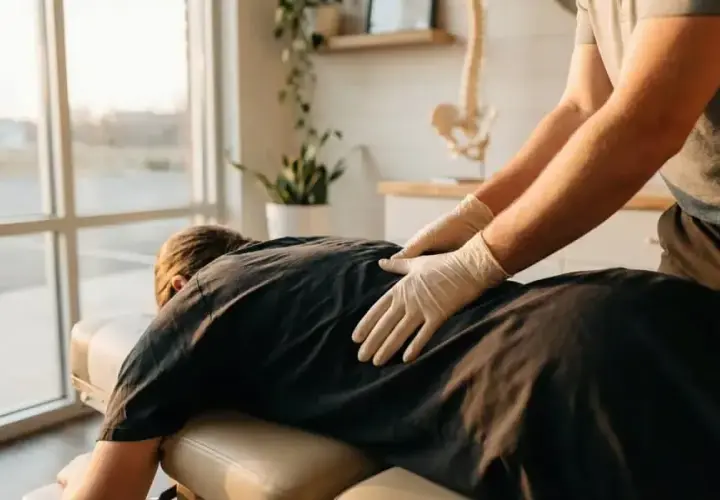 Osteopath behandelt Rücken, um Muskelkater nach der Behandlung zu lindern.