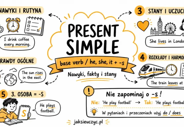 Present Simple: nawyki, prawdy, stany, rozkłady. Używamy go, by opisać to, co dzieje się teraz, w teraźniejszości.