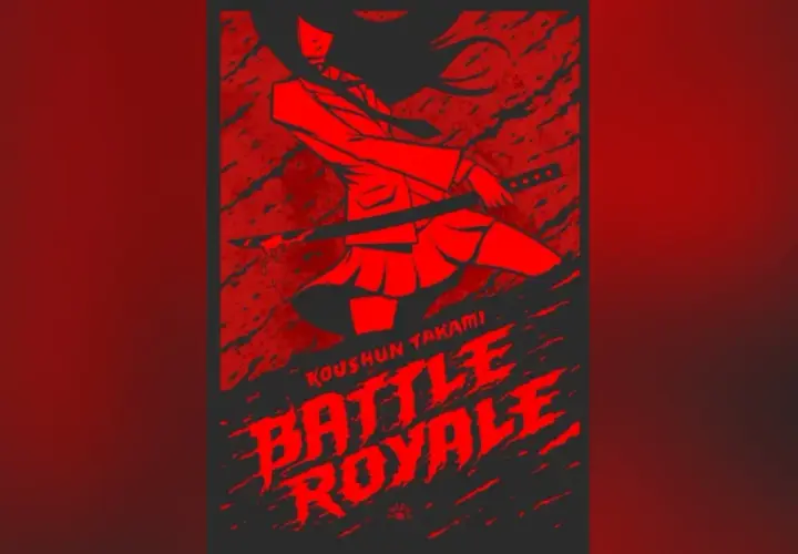 Czerwona grafika z dziewczyną w stroju szkolnym, trzymającą zakrwawiony miecz. Napis "BATTLE ROYALE" sugeruje brutalną walkę na śmierć i życie.