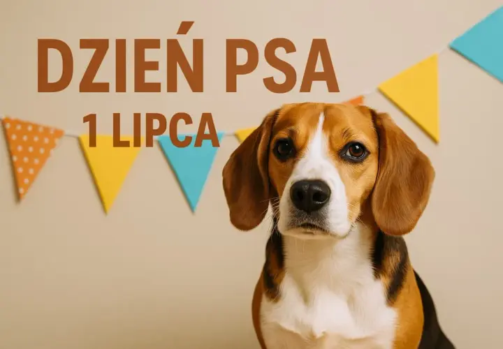 Uroczy beagle czeka na świętowanie Dnia Psa 1 lipca, otoczony kolorowymi chorągiewkami.