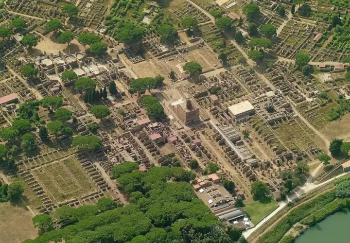 Vue aérienne d'Ostia Antica, vestiges d'une ancienne cité romaine avec ses ruines, ses rues et ses arbres verdoyants.