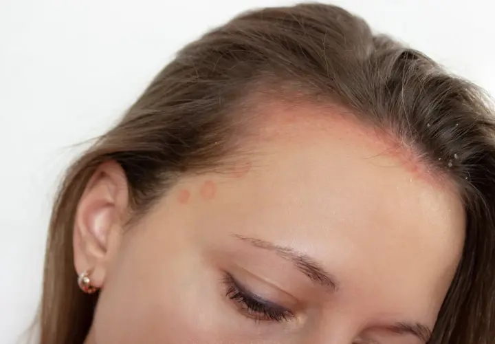 Marcas rojizas y escamas en la frente y cuero cabelludo, indicativo de dermatitis seborreica.