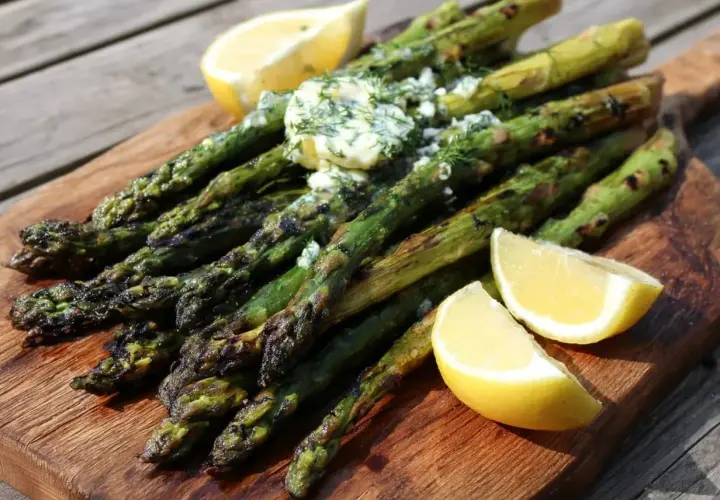 Grilla sparris med smör och dill, serverad med citronklyftor på en träskärbräda. Perfekt sommarbuffé!