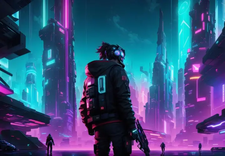Cyberpunkowa noc w mieście 1080p. Postać w futurystycznym stroju z bronią stoi na tle neonowych drapaczy chmur.