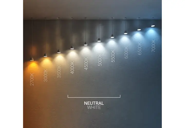 Comparativa de temperaturas de color de luz, desde cálida (2700K) hasta fría (7000K), mostrando la transición hacia un blanco neutro alrededor de 4200K.