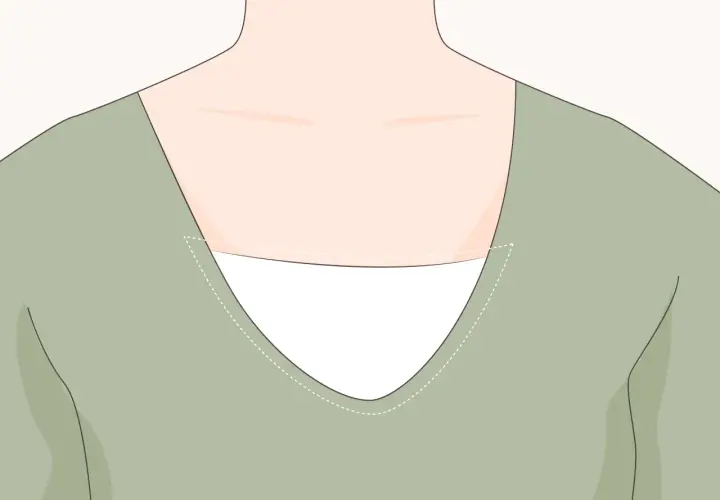 Illustration showing how to sew a neckline with dashed lines indicating stitching.
