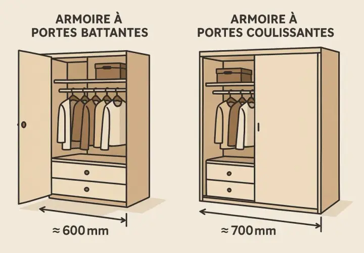 Comparaison de la profondeur d'un dressing : 600 mm pour une armoire à portes battantes, 700 mm pour une armoire à portes coulissantes.