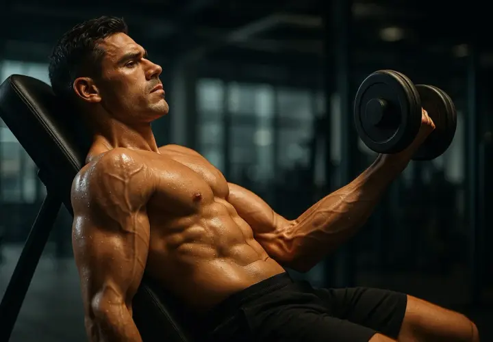 Mężczyzna wykonuje ćwiczenia na biceps z hantlem na ławce skośnej. Jego mięśnie są wyraźnie zarysowane i spocone.