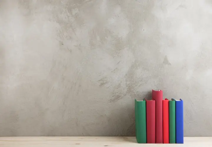 Bunte Bücher stehen vor einer Wand in Beton Optik.