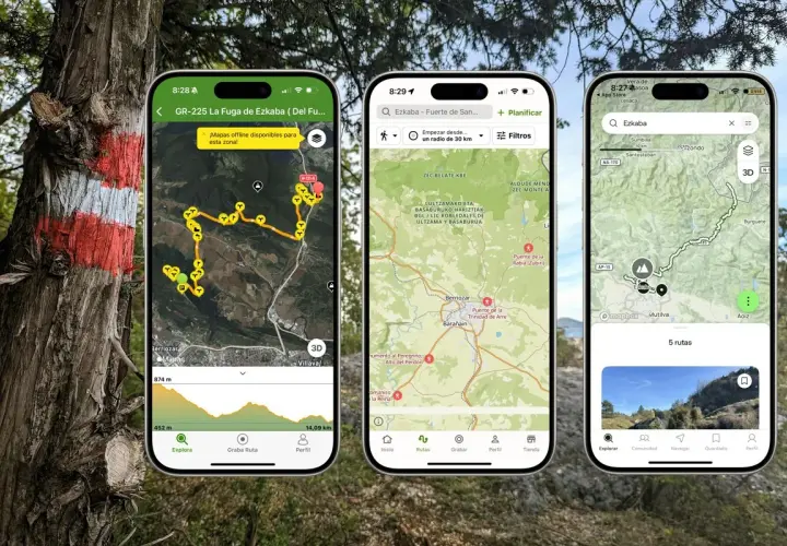 Tres pantallas de una **aplicación senderismo** muestran mapas detallados de rutas, perfiles de elevación y opciones de planificación.