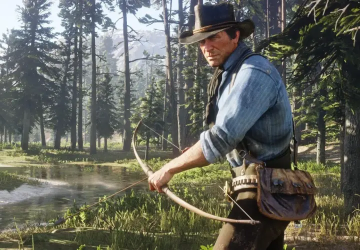 Arthur Morgan w lesie z łukiem, gotowy do polowania. Dowiedz się, jak zmienić język w Red Dead Redemption 2, by cieszyć się grą w swoim języku.
