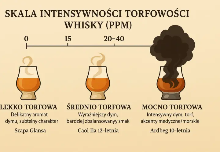 Skala torfowości whisky: lekko, średnio i mocno torfowa. Fenol i suszenie torfem to przyczyny dymnego posmaku.