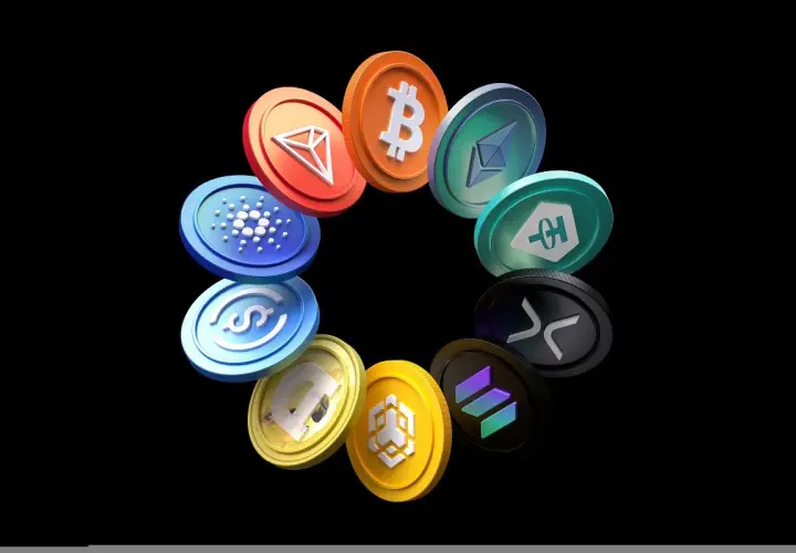 Krąg monet kryptowalutowych, w tym Bitcoin, Ethereum i inne. Niektóre z nich mogą symbolizować ujemne saldo, gdy rynek spada.