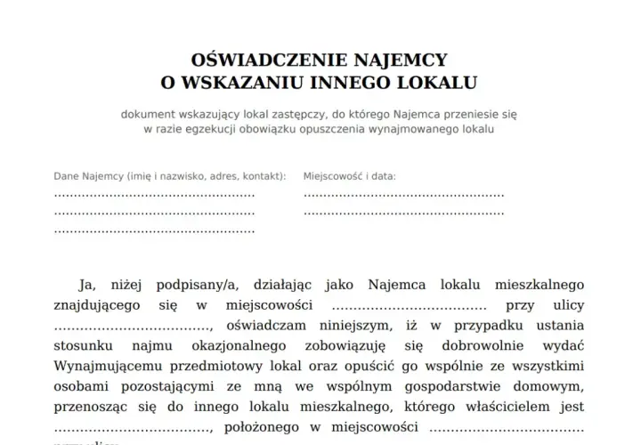 Oświadczenie o przyjęciu najemcy do innego lokalu w razie egzekucji. Dokument zawiera dane najemcy i miejsce na podpis.