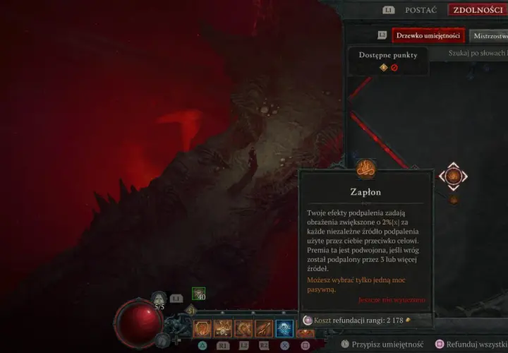 Diablo 2 czarodziejka build: drzewko umiejętności z pasywną mocą "Zapłon" zwiększającą obrażenia od podpalenia.