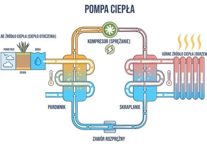 Schemat pompy ciepła pokazuje, jakie ogrzewanie do domu jest możliwe dzięki wykorzystaniu ciepła z powietrza, wody lub ziemi do ogrzewania pomieszczeń.
