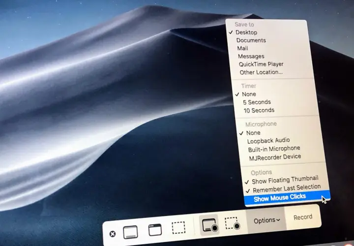 Print screen skrót: menu opcji nagrywania ekranu z zaznaczoną opcją "Show Mouse Clicks".