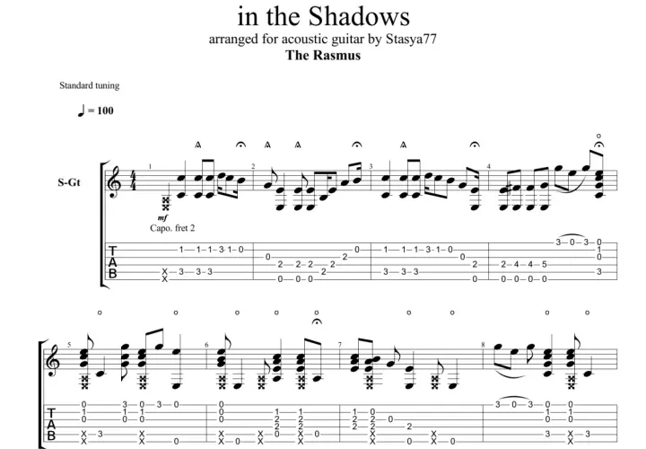Nuty do utworu "In the Shadows" zespołu The Rasmus, zaaranżowane na gitarę akustyczną.