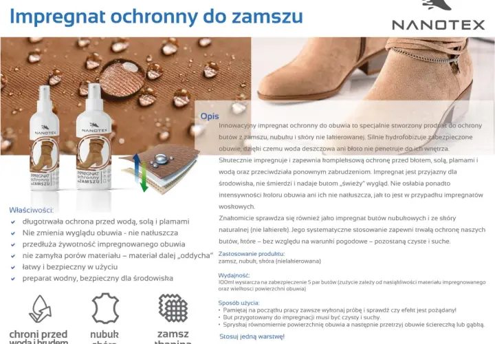 Impregnacja zamszu Nanotex chroni buty przed wodą, solą i plamami, zachowując ich wygląd i "oddychanie".