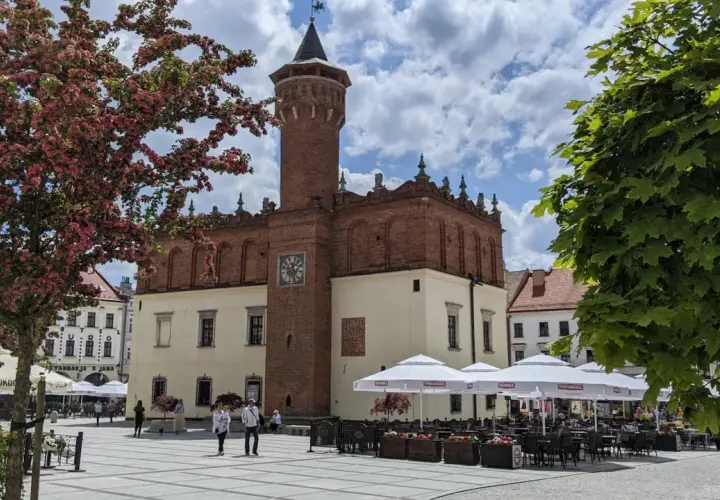Rynek w Tarnowie z ratuszem i wieżą widokową. Wiosną kwitną drzewa, a kawiarnie zapraszają do ogródków.