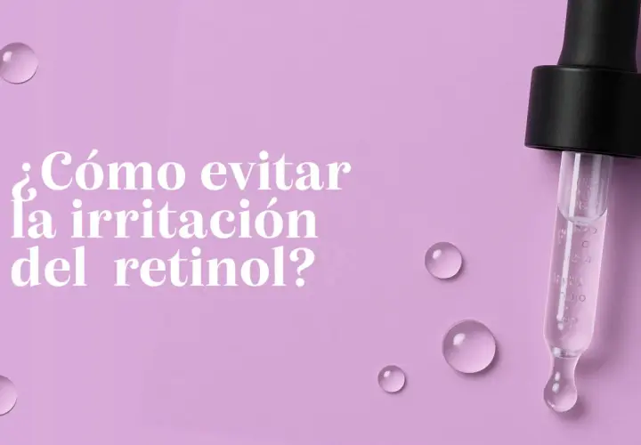 ¿Cómo aplicar retinol sin irritación? Gotas de sérum y un cuentagotas sobre fondo lila.