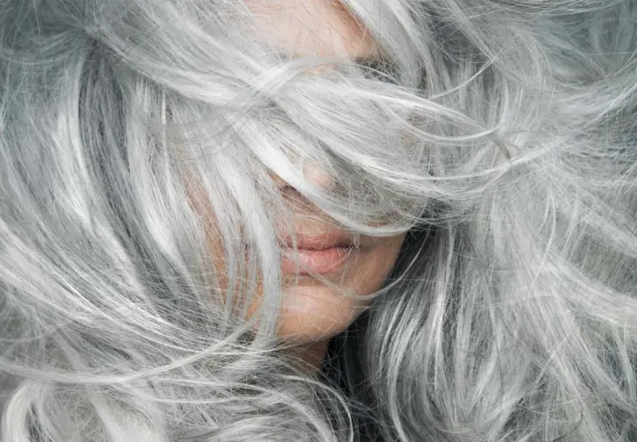 Cabello plateado y sedoso, una opción natural para cubrir canas sin tinte.