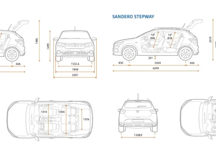 Schemat Dacia Sandero i Sandero Stepway z wymiarami. Dacia Sandero Stepway ma większy prześwit, co widać na schemacie.