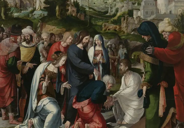 Scena biblijna: Jezus wskrzesza Łazarza. Wokół tłum ludzi, w tym Maria i Marta.