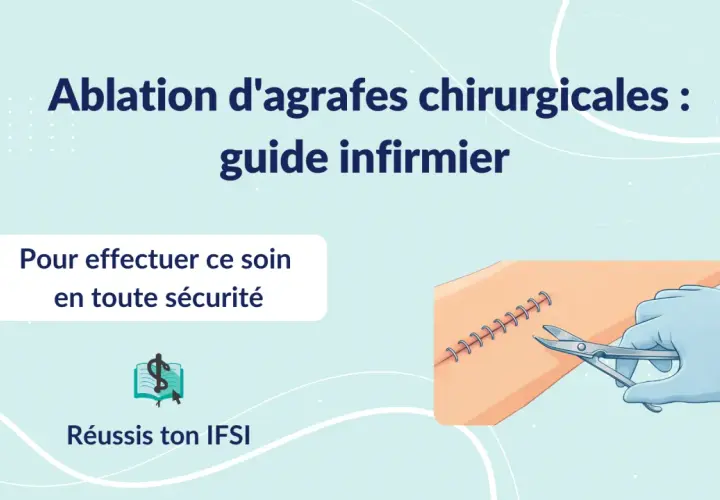 Guide infirmier sur le délai pour enlever agrafes chirurgicales. Une main gantée utilise des ciseaux pour retirer des agrafes d'une plaie suturée.