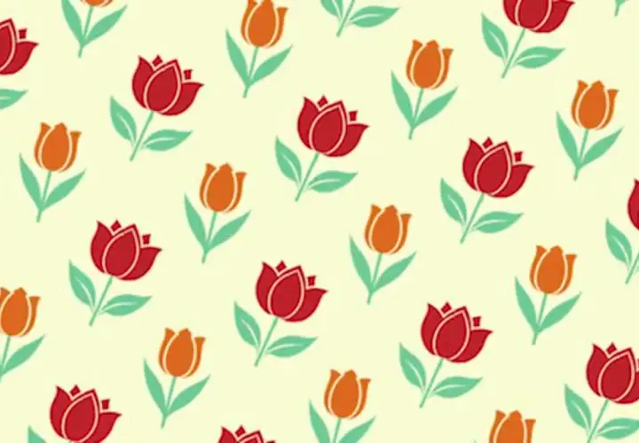 Motifs Photoshop de tulipes rouges et orange sur fond crème, créant un motif répétitif joyeux.