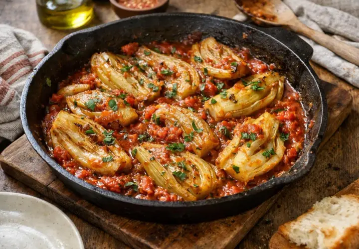 Poêlée de fenouil braisé dans une sauce tomate épicée, garnie de persil frais. Une délicieuse recette fenouil à partager.