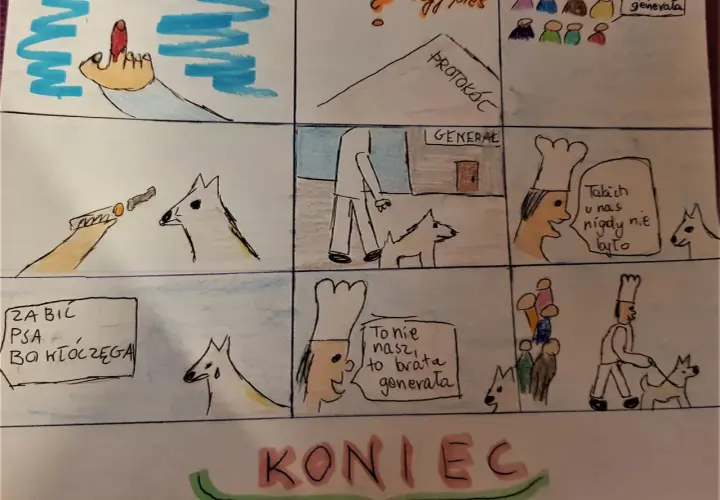 Rysunkowy komiks z dymkami, przedstawiający sceny z psami i ludźmi.