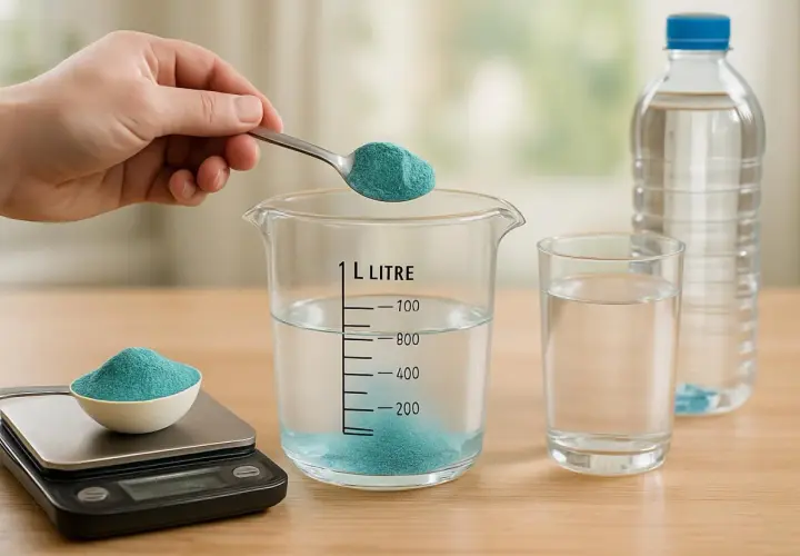 Préparation de la bouillie bordelaise : une main verse une cuillère de poudre bleue dans un bécher gradué contenant de l'eau. Une balance est à côté.