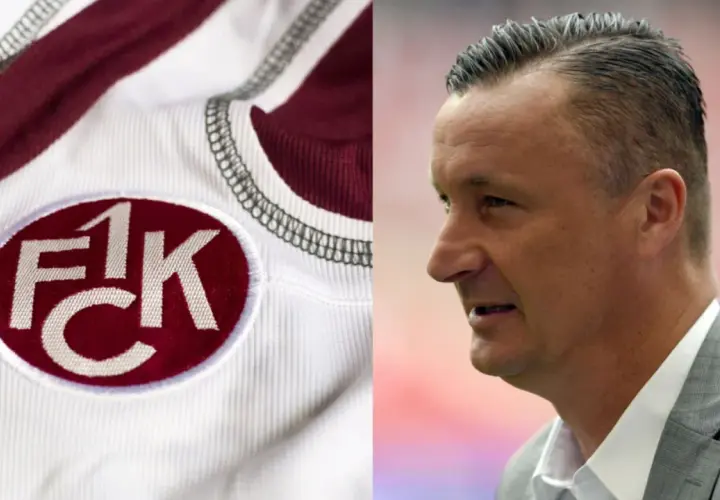 Herb 1. FC Kaiserslautern na białej koszulce obok profilu mężczyzny w szarym garniturze.