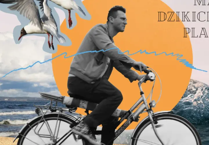 Mężczyzna na rowerze, mewy nad morzem, fala i tekst "już nie ma dzikich plaż".