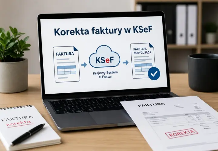 Korekta faktury w KSeF. Czy można wystawić korektę do korekty? Na ekranie laptopa schemat procesu, na biurku notatnik z napisem "FAKTURA korekta" i wydruk faktury z pieczątką "KOREKTA".