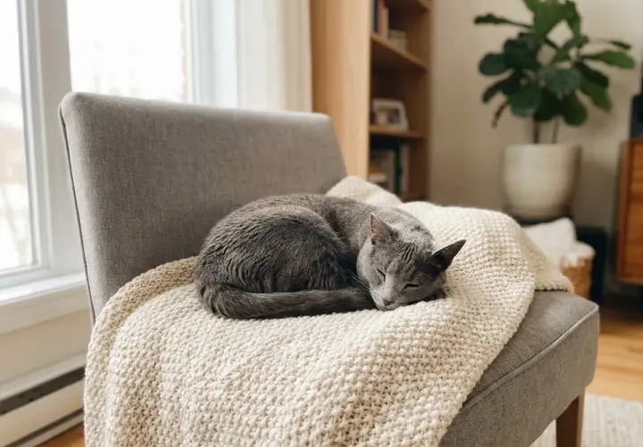 Gato gris durmiendo plácidamente sobre una manta, soñando quizás con un poco de valeriana para gatos.
