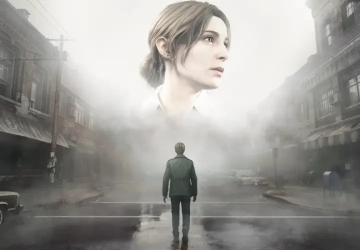 James Sunderland stoi na mglistej ulicy, patrząc na gigantyczną twarz Marii. To kluczowy moment z gry, który może pomóc w rozwiązaniu zagadek w Silent Hill 2 poradnik.