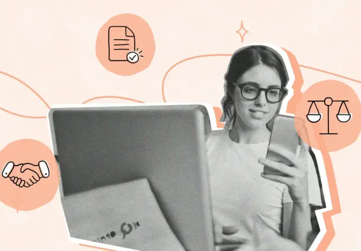 Mujer revisa un documento en su teléfono, con iconos de apretón de manos, balanza y documento, ilustrando qué es un pre contrato.