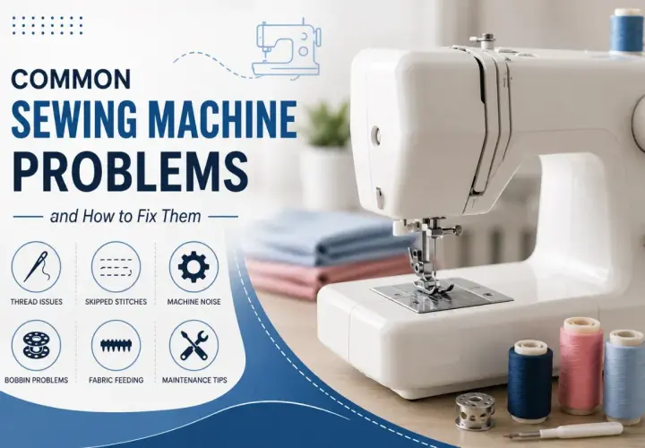 Common sewing machine problems like thread issues, skipped stitches, and bobbin problems are illustrated next to a white sewing machine.