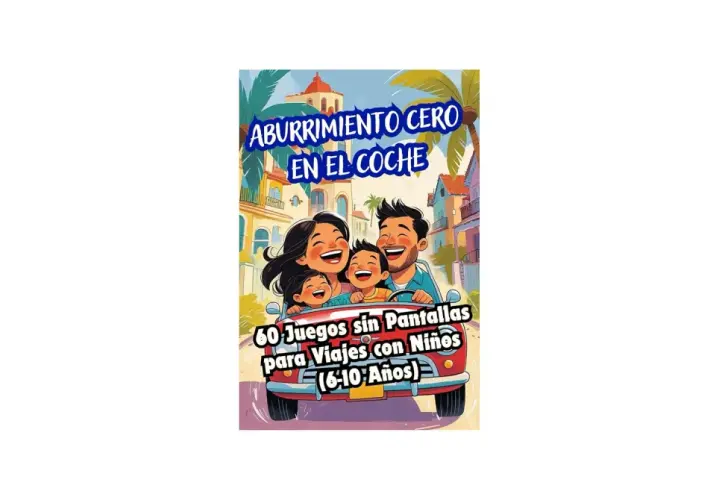 Familia feliz en coche, disfrutando de juegos para el coche niños sin pantallas. ¡Adiós al aburrimiento en viajes!
